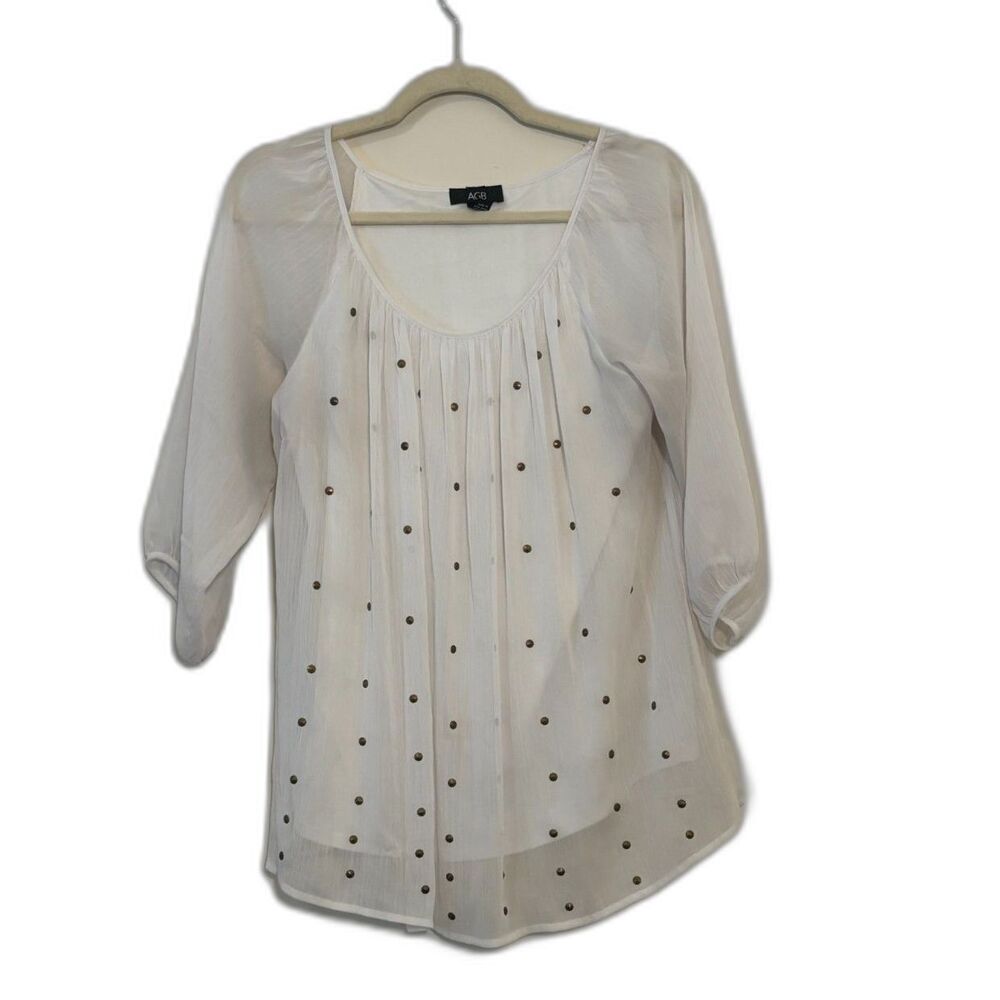 AGB White Sheer Crinkle Peasant Blouse Bronze Studs 3/4 Sleeve Boho Top Small